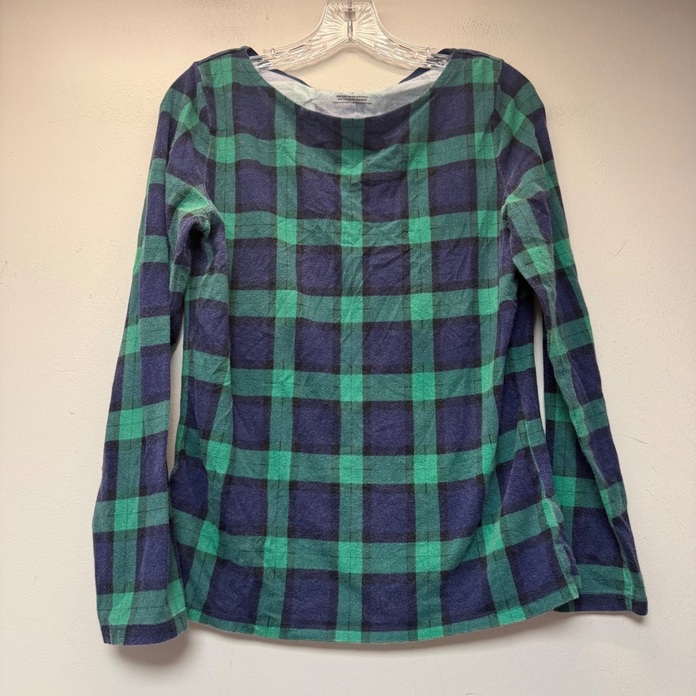 Talbots Tee Long Sleeve Women LP Green Navy Plaid Excellent‎ Boatneck Cotton